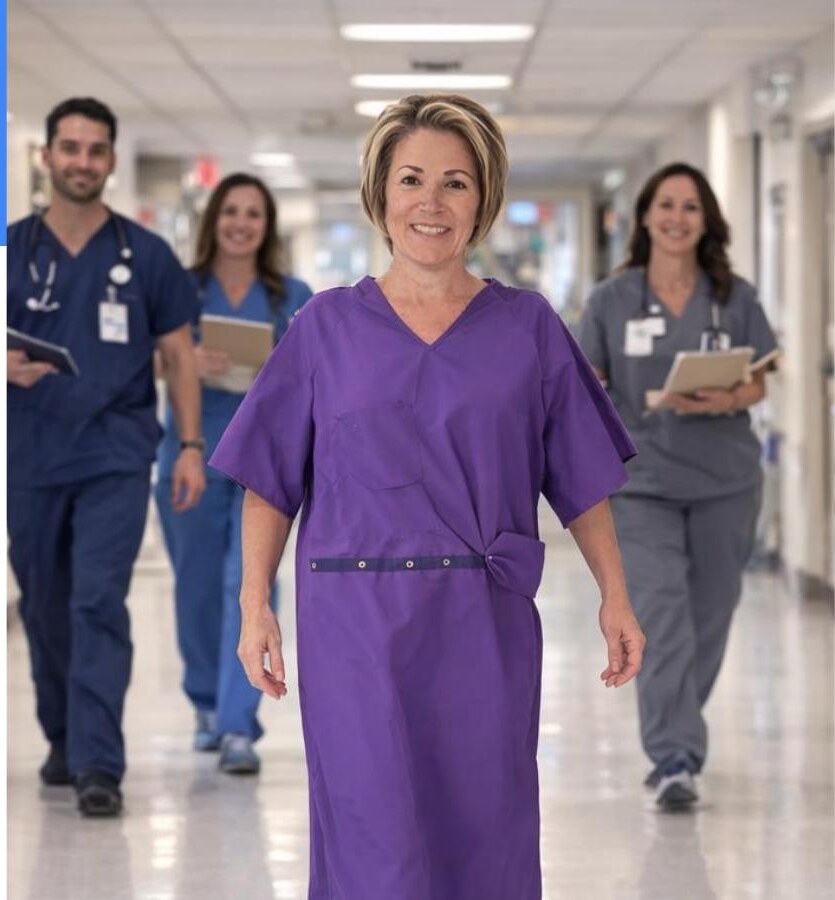 Patient wearing a purple adjustable gown with clinicians