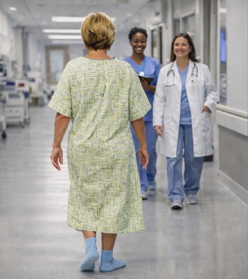 Patient wearing an Every1Gown with full back coverage