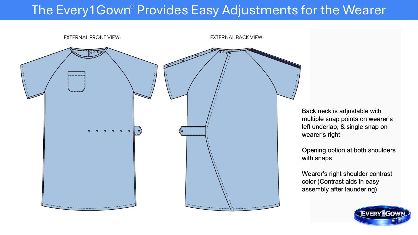 Front and back technical drawing of Every1Gown